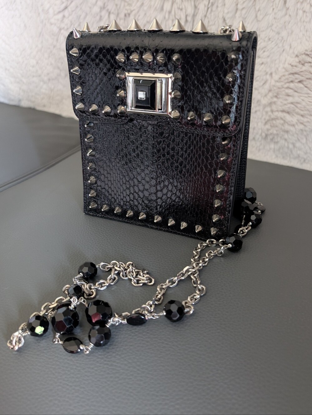Andrew Gn Black Luxury Studded Snakeskin Pocket Bag Semi-Precious Stones